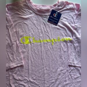 Champion Light Pink Tee with Neon Yellow Logo NWT